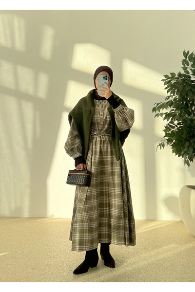 MODA AKSA ZR KARELİ GÖMLEK ELBİSE AÇIK YEŞİL