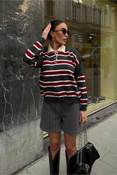 Fav Style Women's Polo Neck Striped Oversized Knitwear Sweater Gray
