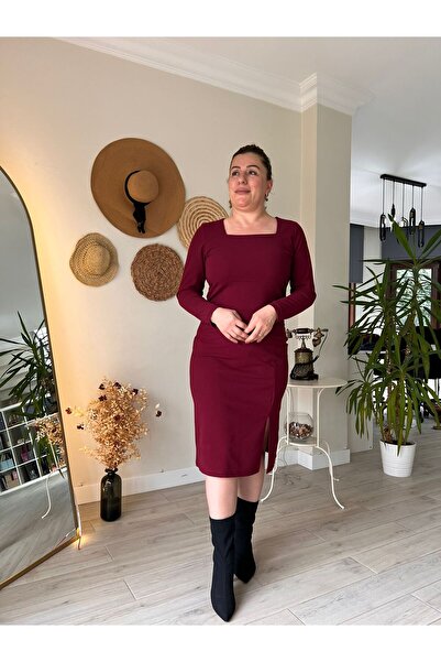 MJORA Square Neck Midi Length Crepe Fabric Pencil Dress