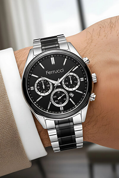 Ferrucci ساعة يد رجالية مع تقويم وهيكل فولاذي وسوار فولاذي - فضي-أسود zmfer214