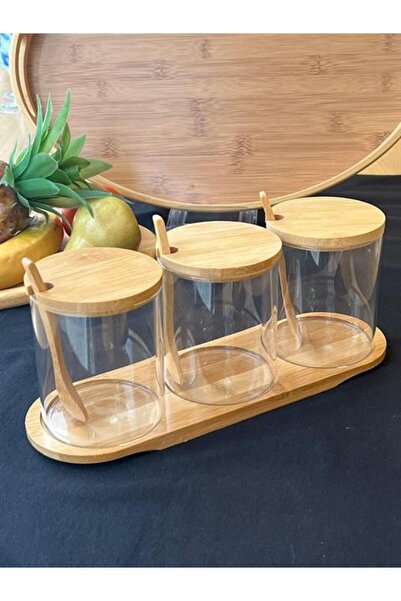 Home Bambu Kapaklı Borosilikat Cam 3'lü Set Kendinden kaşıklı