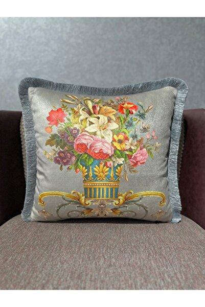 Fabricland Імпортний шовковий оксамит з бахромою, дамаський візерунок, сірий ...