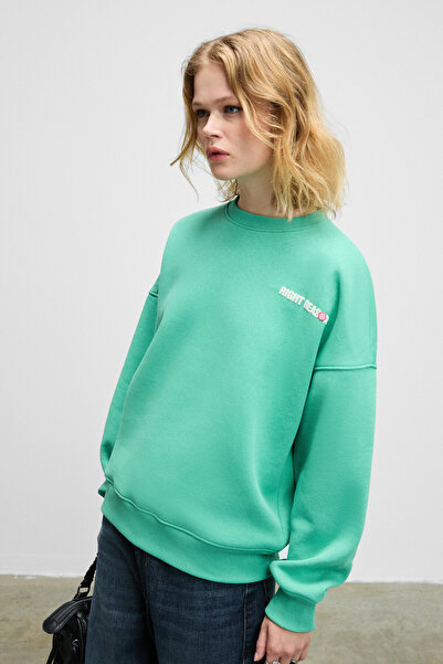 GRIMELANGE Prience women's soft fabric Printed and towel patched round neck green sweatshirt