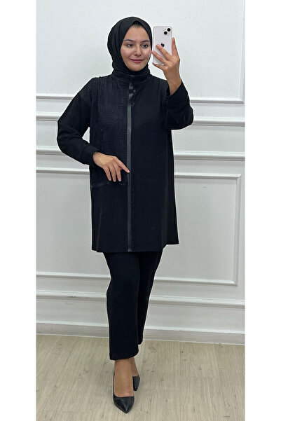 CELTMODA Women's Leather Detailed Patterned Hijab Double Set - Black