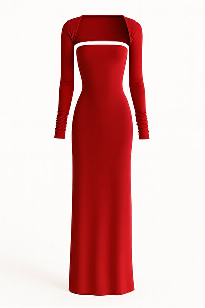 rashera Bolero Detaylı Straplez Uzun Elbise (Kırmızı)