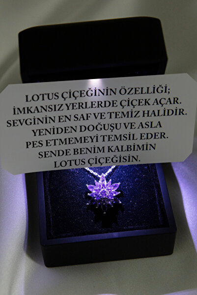 SARIASLAN Işıklı Kutuda Rodyumlu Ametist Taşlı Lotus Çiçeği Gümüş Kolye