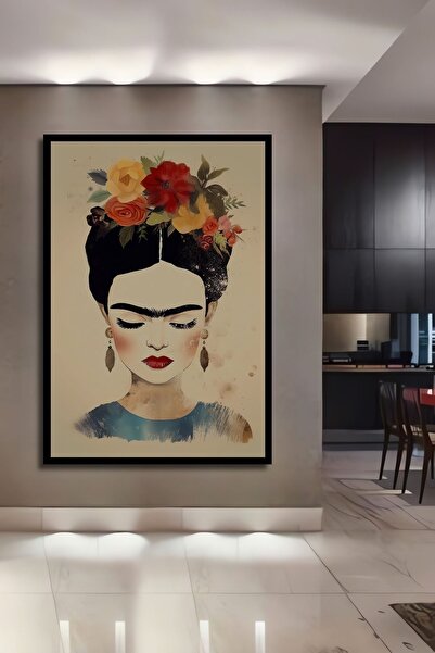 Genel Markalar Çerçeve Görünümlü Dekoratif Ahşap Kare Frida Kahlo Çiçeklerle Tablosu Ev/Ofis/İşyeri Tablo