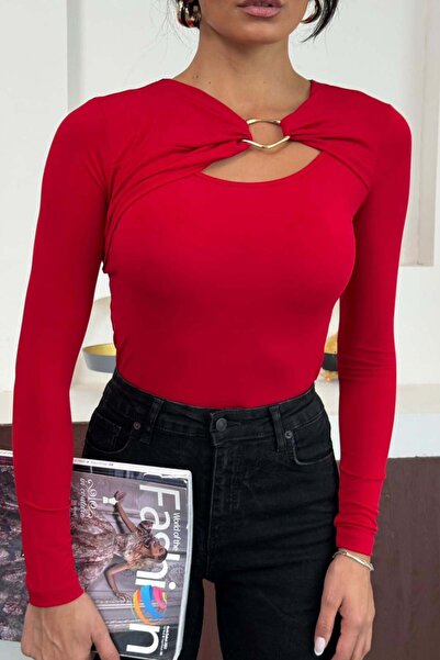 ZISHAN Women's Gold Buckle Accessory Window Detail Long Sleeve Blouse 10131