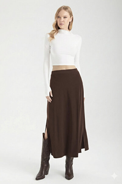 By Yaren Yazıcı Women's Brown Elastic Waist Form Slit Maxi Skirt Day and Night Style