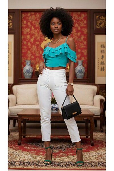 geenz manifacture White Sky Stretch Fabric Flexible Mom Jeans Denim Trousers