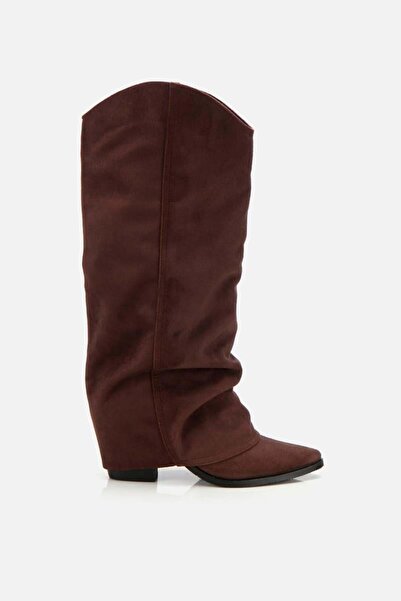 Yaya by Hotiç Kadın Süet Kahverengi Dikiş Detaylı Western Kalın Topuklu Çizme