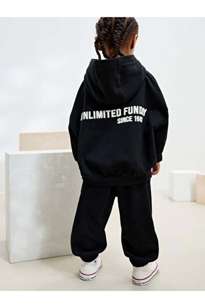 Magu Unisex Kids Cotton Black Hooded Sweat & Jogger Tracksuit Set