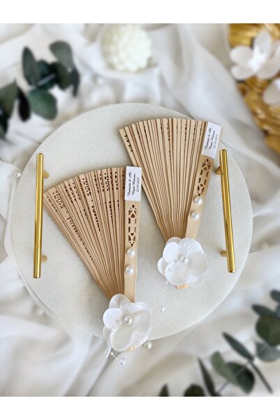 Gami Handmade Islak Ortanca Süslemeli İnci Detaylı Ahşap Yelpaze - Nişan, Nik...