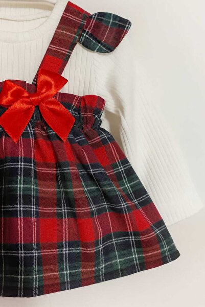 Bebista Kız Bebek Ekose Askılı Elbise ve Beyaz Ribana Uzun Kollu Body 2’li Takım