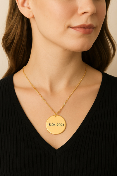 C&On Design Kişiye Özel Yazı – Paslanmaz Çelik Gold Yuvarlak Plaka Kolye | İs...