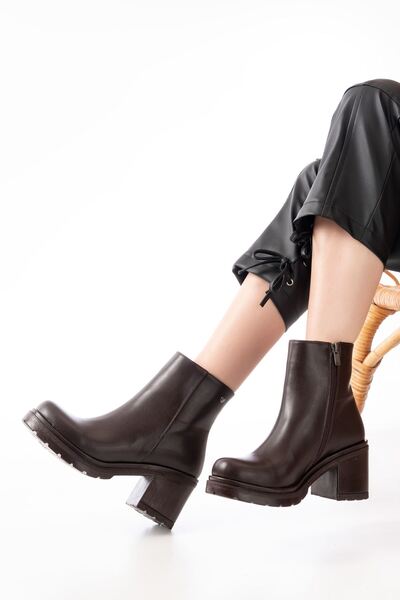 Zerenyus Zri̇n-3020 Premium Brown Zippered Thick Heeled Winter Women's Boots