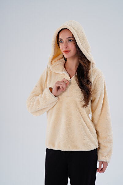 Melesh Kadın Wellsoft Yarım Fermuarlı Kapüşonlu Sweat