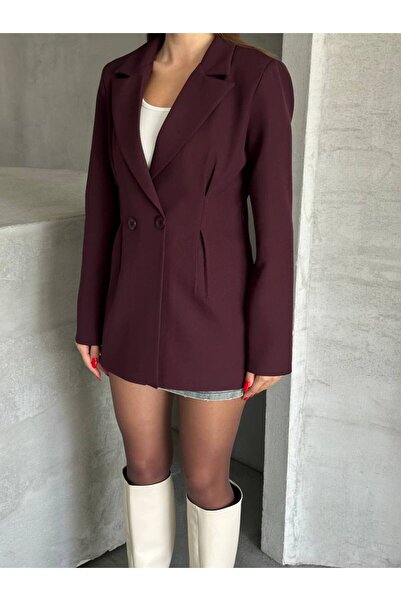 Narstorm Women's Burgundy Button Detailed Blazer Jacket