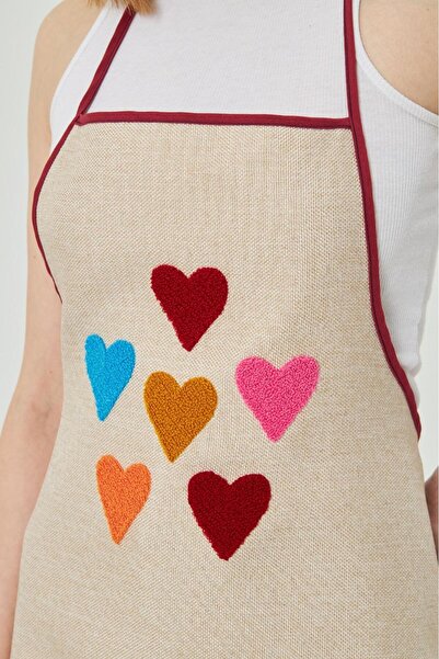 ESCE Kalp Desenli Mutfak Önlüğü Bej Rengi Bayramlık Şık