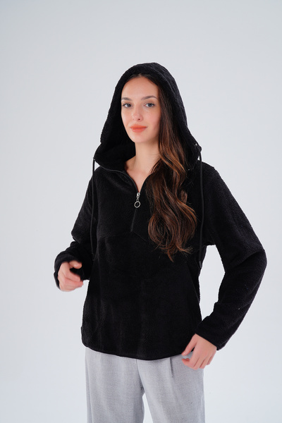 Melesh Kadın Wellsoft Yarım Fermuarlı Kapüşonlu Sweat