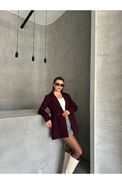 Narstorm Women's Burgundy Button Detailed Blazer Jacket