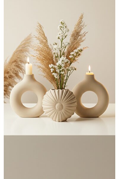 DUYGU SÖĞÜT TASARIM 2'li Halka Şamdan(Mumluk) ve Papatya Vazo