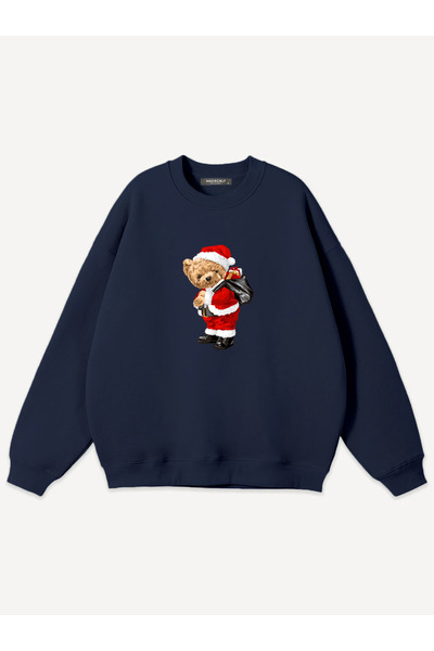 Mad&Calf Unisex Christmas Teddy Printed Crew Neck Oversized Sweatshirt