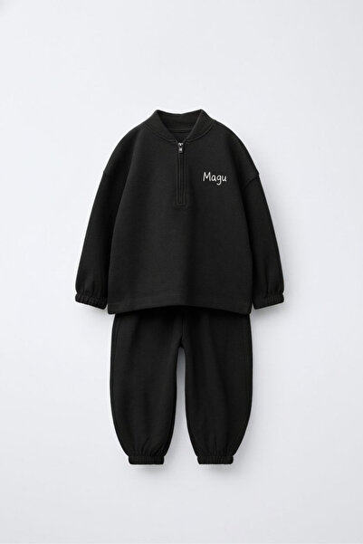 Magu Boys' Cotton Black Zippered Sweatshirt & Jogger Tracksuit Set