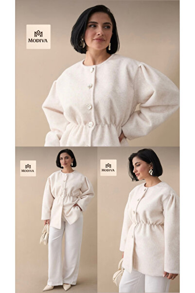 MODİVA MİX Kadın Düğmeli Beli Lastikli Büzgülü Kaşe