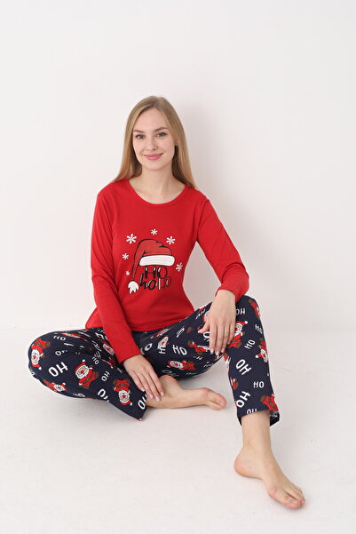Serena Women's Christmas Pajamas – Red Blouse & Navy Pants with "Printed