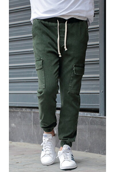 Osyday Men's Green Jogger Cargo Pocket Pack Jeans - Elastic Waist and Legs, Stretch Fabric