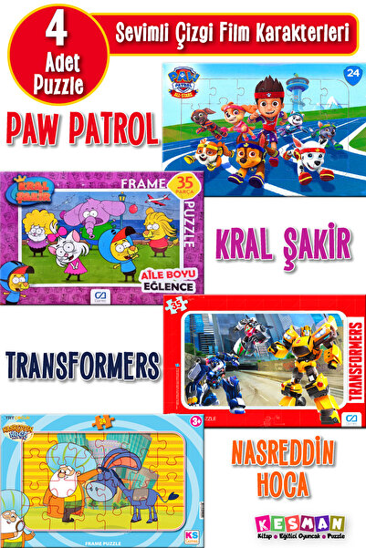Ks Games Çizgi Film Kahramanları 4’lü Puzzle Seti – Nasreddin Hoca, Kral Şakir, Paw Patrol, Transformers