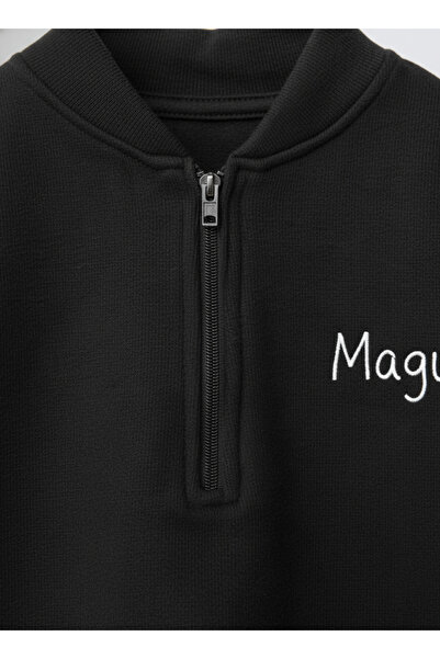 Magu Boys' Cotton Black Zippered Sweatshirt & Jogger Tracksuit Set