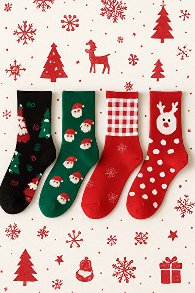 OKAVANGO 35-40 Yılbaşı Çorabı Unisex Noel Babalı Desenli Çorap Geyikli 4 Çift
