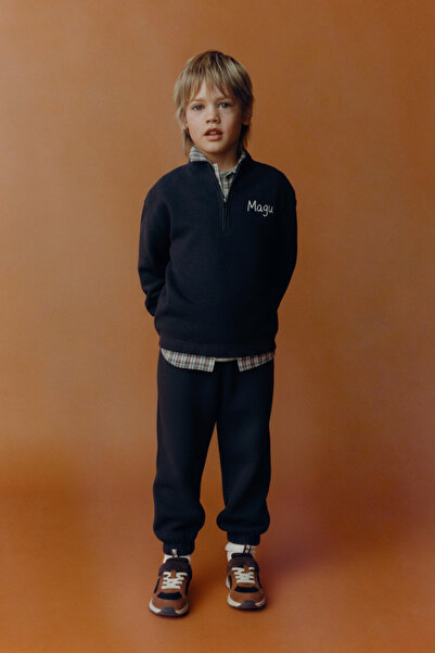 Magu Boys' Cotton Black Zippered Sweatshirt & Jogger Tracksuit Set