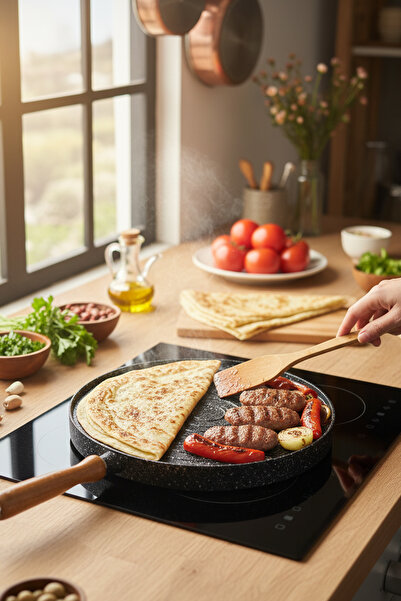 FİTHOME 36 cm Double-Sided Removable Handle Oven-Safe Pancake and Meat Cooking Grill Pan Cast Granite