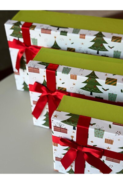 KOLİX 3-Piece New Year Themed Decorative Bow Gift Box Pine Tree Happy New Year Christmas Box