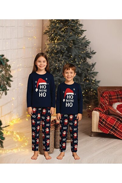 Serena Children's Christmas Pajamas – Navy Blue Set with "Printed and Santa Claus