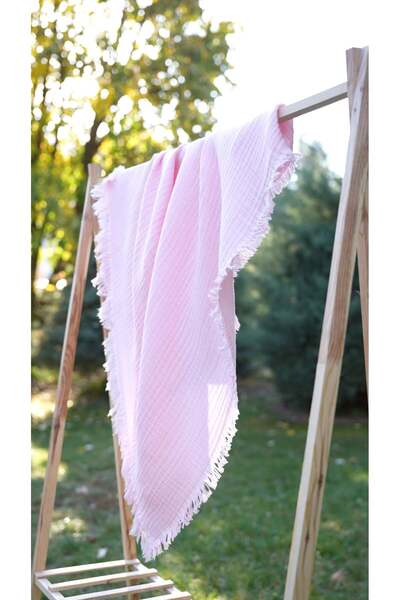 MİLABABY 4 Layers 100% Cotton Muslin Baby Blanket (90×110) Muslin Cover Baby Muslin Swaddle Fringed Muslin Pink
