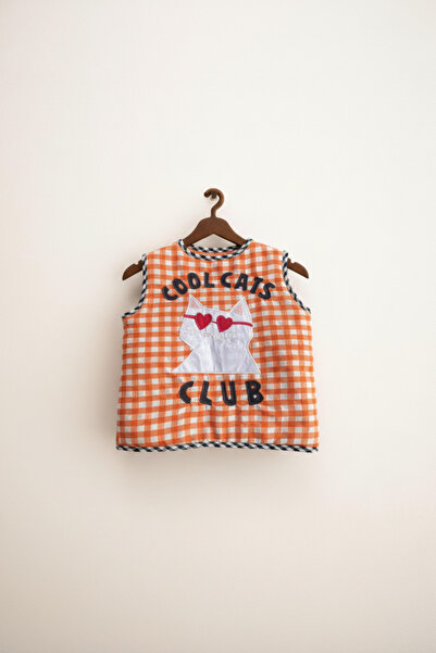 Magu Unisex Children's Cotton Orange Plaid Cat Applique Vest – Cool Cats Club Design