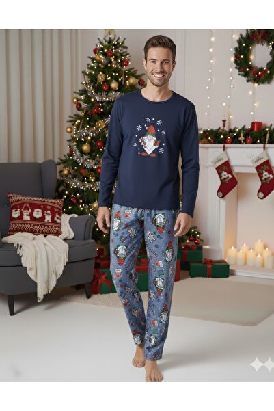 Serena Men's Christmas Pajamas – Navy Blue Top & Grey Pants with Printed