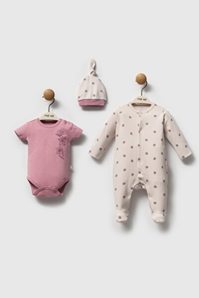 HENGAME Moi Noi Baby Girl Flower Printed 3-Piece Hat – Jumpsuit – Bodysuit Set | 100% Cotton – Oeko-Tex Certified