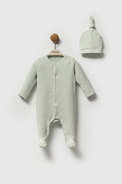 Moi Noi 100% Cotton Waffle Textured Hat Romper – Oeko-Tex Certified (Plum / Mint / Petrol)