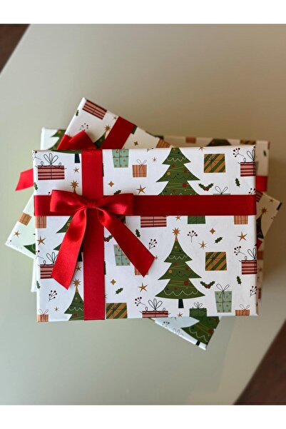 KOLİX 3-Piece New Year Themed Decorative Bow Gift Box Pine Tree Happy New Year Christmas Box