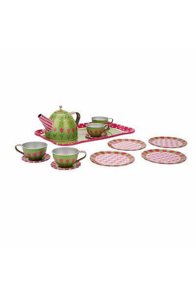 TOYFEST Metal 15 Piece Tea Set Dollhouse Toy Set Girl Children Green Flower Pattern Play