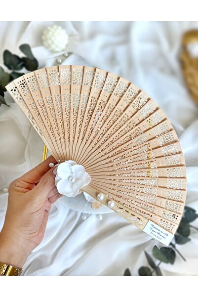 Gami Handmade Islak Ortanca Süslemeli İnci Detaylı Ahşap Yelpaze - Nişan, Nikah, Söz, Kına - 10 Adet