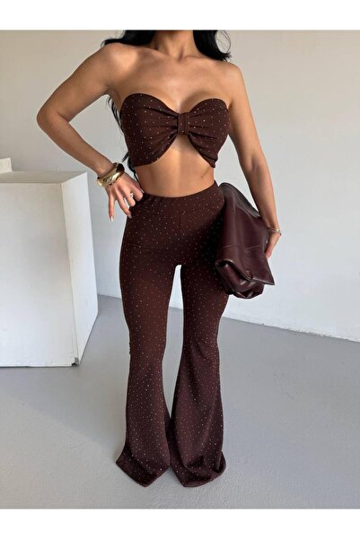 sajarsln Σετ δύο τεμαχίων Saja Rsln με φιόγκο και καμπάνα παντελόνια με λαμπερές πέτρες L ελαστικό ύφασμα