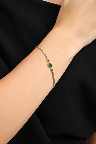 Sembol Gold Balık Sırtı Bileklik Green Opal Taşlı 17+3 cm En 3 mm
