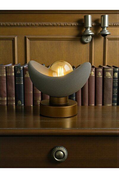 Dropcek eticaret Luna Tasarım Masa Lambası Gri Altın Detaylı Abajur Loş Amber...