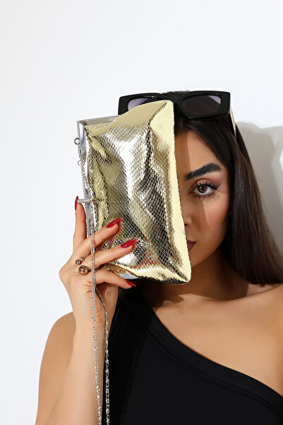 Moda Lime Snake Skin Patterned Metallic Chain Strap Evening Dress Portfolio Women's Handbag